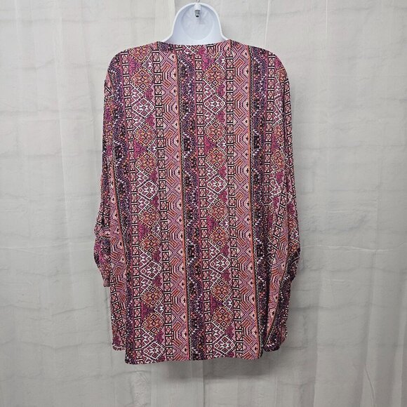 Faded Glory Pink Aztec Boho Tribal Peasant Roll Tab Tunic Blouse 18W/20W - Picture 7 of 11